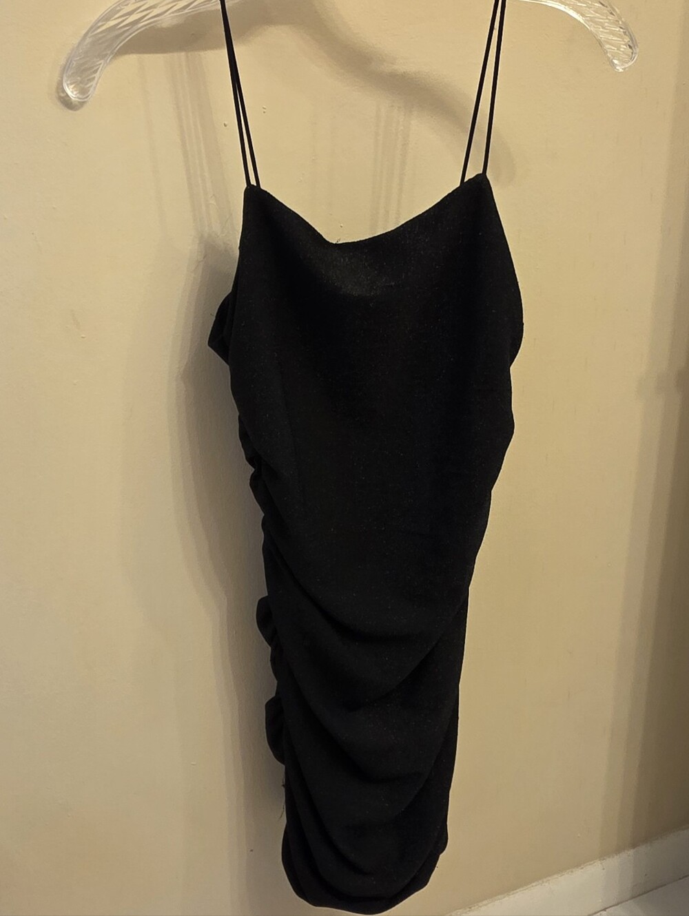 Black Spaghetti-Strap Ruched Mini Dress